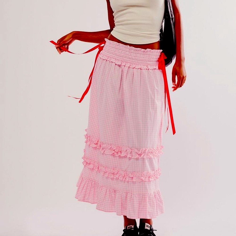 Damson Madder Olivia Pink Gingham Skirt smocked waistband, ruffles & red ribbons